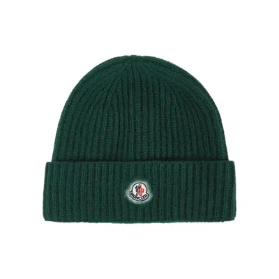 Moncler Kids Green Ribbed Wool Beanie
