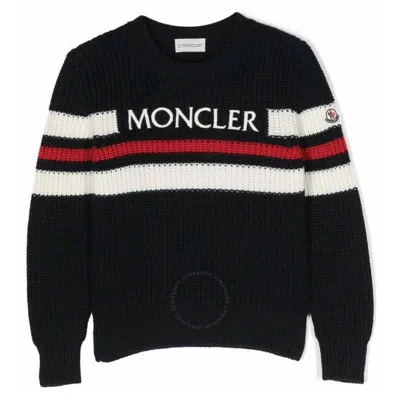Moncler Kids Intarsia-knit Stripe Logo Jumper In Blue