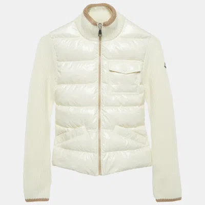 Pre-owned Moncler Kids Ivory Nylon And Rib Knit Down Cardigan Jacket 12 Yrs In White
