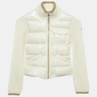 Pre-owned Moncler Kids Ivory Nylon And Rib Knit Down Cardigan Jacket 8 Yrs In White