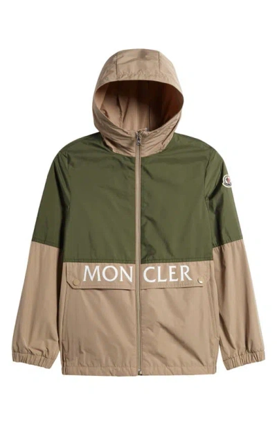 Moncler Joly Logo Nylon Rainwear Jacket In Green,beige
