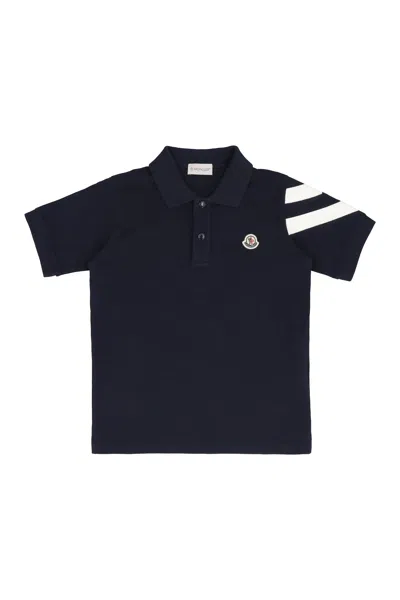 Moncler Kids Kids Cotton Piqué Polo Shirt With Contrasting Sleeve Bands In Blue