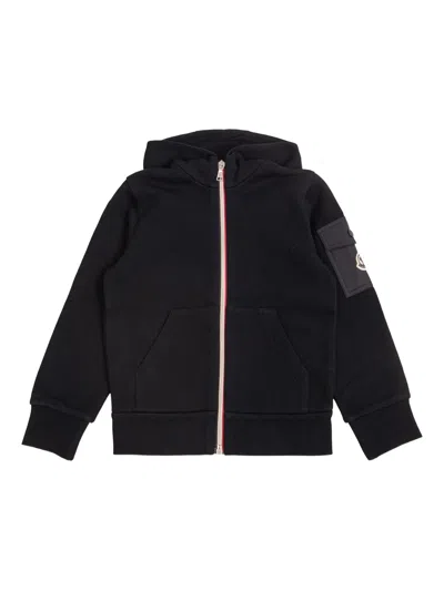 Moncler Kids Kids Full-zip Hoodie With Kangaroo Pocket And Logo Patch In Black