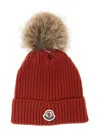 Moncler Kids Kids Red Wool Beanie With Pompon And Front Logo Patch