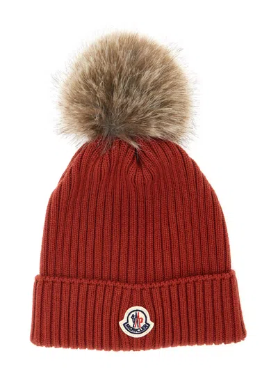 Moncler Kids Kids Red Wool Beanie With Pompon And Front Logo Patch