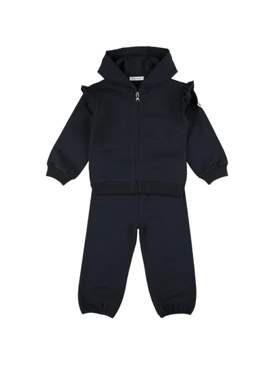 Moncler Kids Kids' Stretch Cotton Hoodie With Ruffled Hem Trousers In Blue