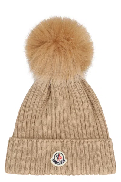 Moncler Kids Knitted Wool Hat With Pom-pom In Neutral