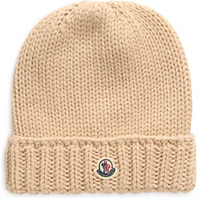 Moncler Kids' Logo Cuff Wool Beanie In Beige