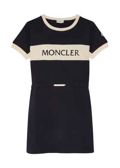Moncler Kids Logo-embroidered Cotton Dress In Navy