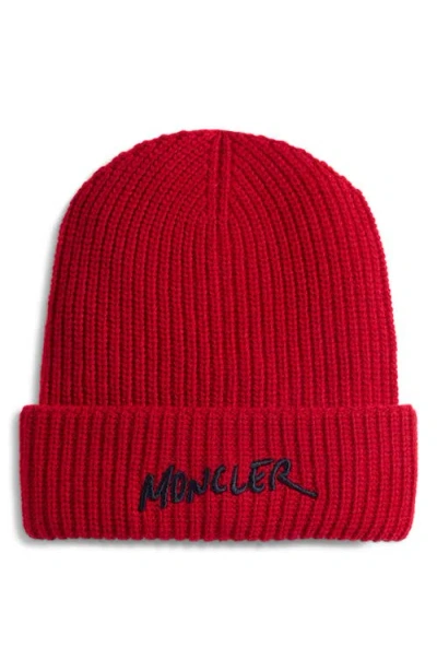 Moncler Kids' Logo Embroidered Virgin Wool & Cashmere Beanie In Red