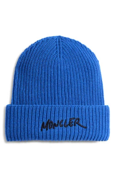 Moncler Kids' Logo Embroidered Virgin Wool & Cashmere Beanie In Blue