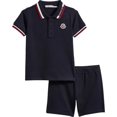 Moncler Kids' Logo Patch Cotton Blend Piqué Polo & Shorts Set In Navy