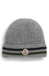 Moncler Kids' Logo Patch Stripe Virgin Wool Beanie In Gray