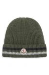 Moncler Kids' Logo Patch Stripe Virgin Wool Beanie In Green