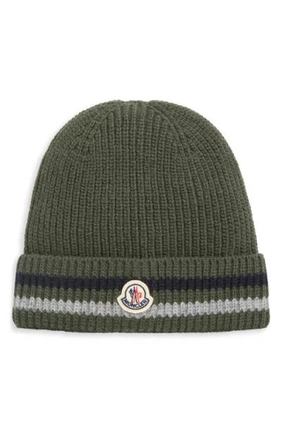 Moncler Kids' Logo Patch Stripe Virgin Wool Beanie In Green