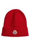 Moncler Kids' Logo Patch Virgin Wool Beanie In Red