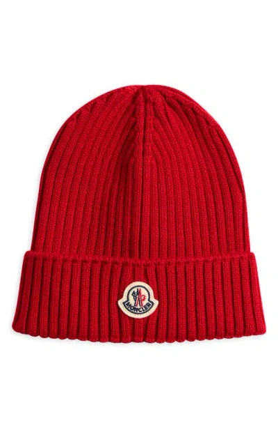Moncler Kids' Logo Patch Virgin Wool Beanie In Red