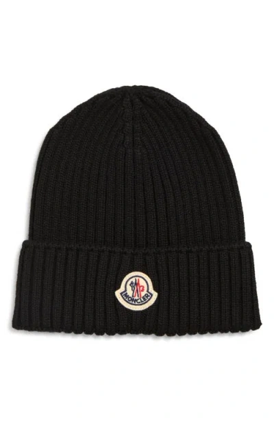 Moncler Kids' Logo Patch Virgin Wool Beanie In Black