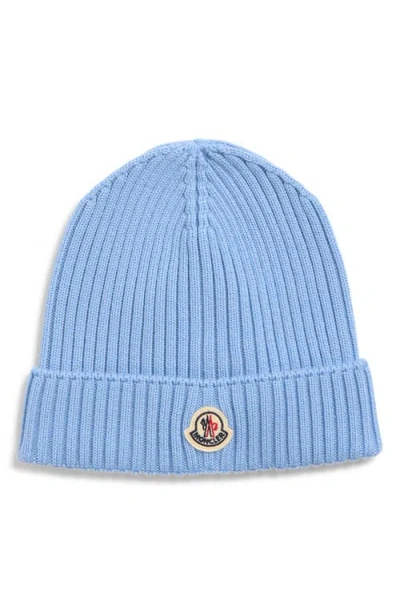 Moncler Kids' Logo Patch Virgin Wool Beanie In Blue