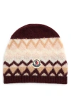 Moncler Kids' Logo Patch Zigzag Jacquard Virgin Wool Beanie In White/burgundy
