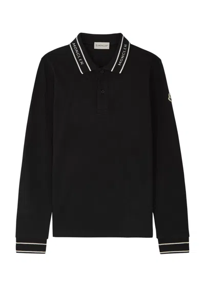 Moncler Kids Logo Piqué Cotton Polo Shirt In Black