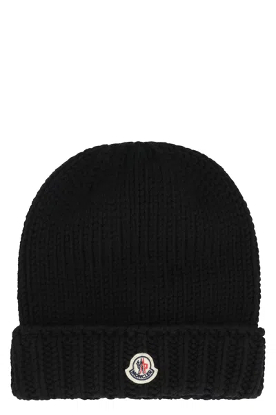 Moncler Kids Logo Wool Beanie In Black