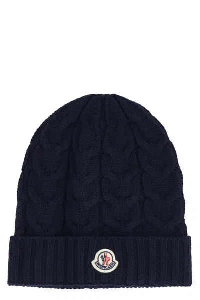 Moncler Kids Logo Wool Beanie In Black