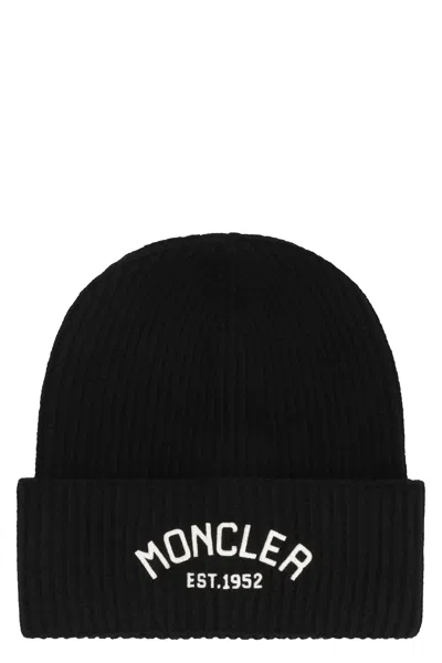 Moncler Kids Logo Wool Beanie In Black