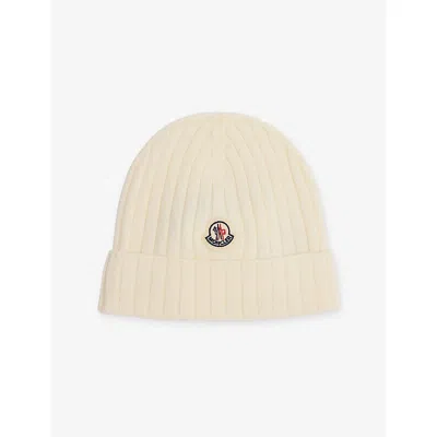 Moncler Kids' Logo-badge Wool Beanie Hat Light Beige Xxs In Neutral