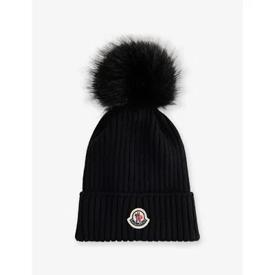 Moncler Kids' Logo-embroidered Wool Beanie Hat Black