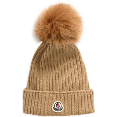 Moncler Kids' Merino Wool Rib Beanie With Faux Fur Pompom In Beige