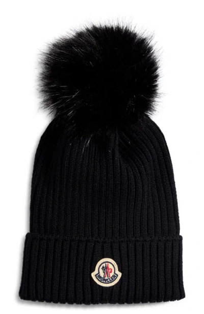 Moncler Kids' Merino Wool Rib Beanie With Faux Fur Pompom In Black