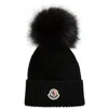 Moncler Ribbed Wool Beanie W/ Faux Fur Pom In Black