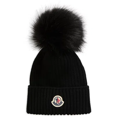 Moncler Ribbed Wool Beanie W/ Faux Fur Pom In Black