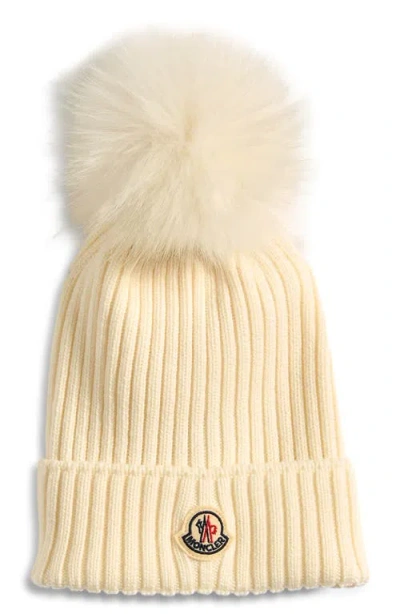 Moncler Kids' Merino Wool Rib Beanie With Faux Fur Pompom In Gray