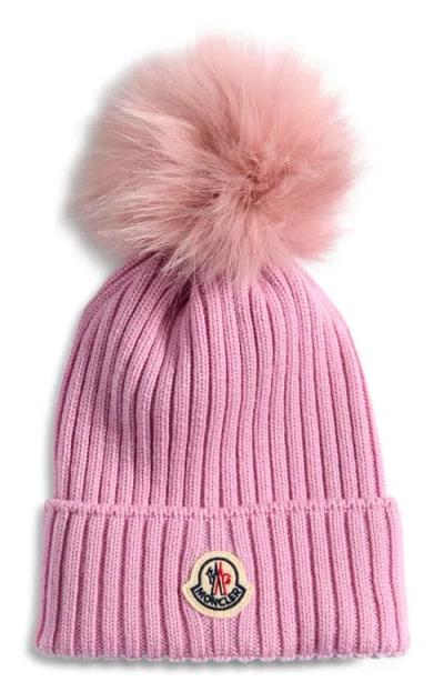 Moncler Kids' Merino Wool Rib Beanie With Faux Fur Pompom In Pink