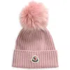Moncler Kids' Merino Wool Rib Beanie With Faux Fur Pompom In Rose Pink