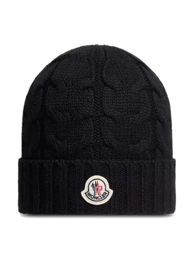Moncler Kids Mini Cable Knit Wool Hat For Boys In Nero