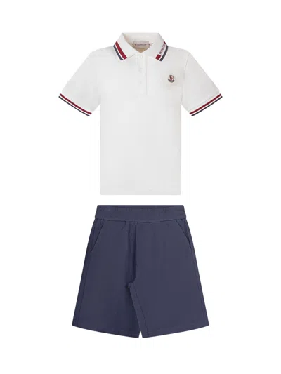 Moncler Kids Mini Complete Polo And Shorts Set For Kids In Bianco/blu
