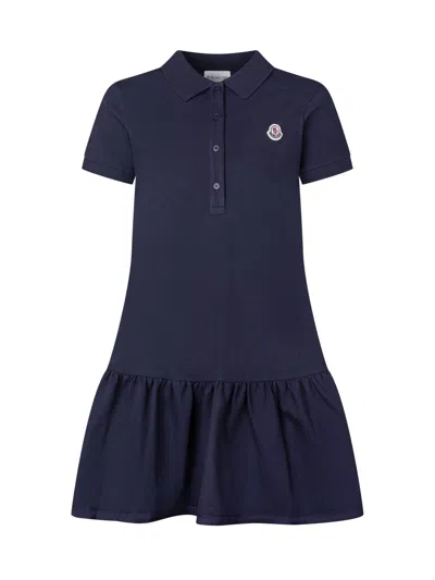 Moncler Kids Mini Cotton Polo Dress With Ruffled Skirt In Blu