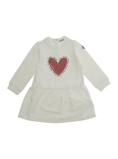 Moncler Kids Mini Cotton Stretch Crewneck Dress With Heart Print In White