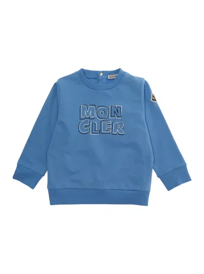 Moncler Kids Mini Monogram Logo Cotton Crewneck Sweatshirt For Baby With Sleeve Patch In Blue