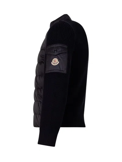Moncler Kids Mini Quilted Cardigan With Zip And Sleeve Pocket In Blu