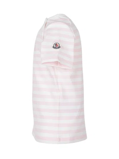 Moncler Kids Mini Striped T-shirt With Logo Embroidery In Rosa Chiaro