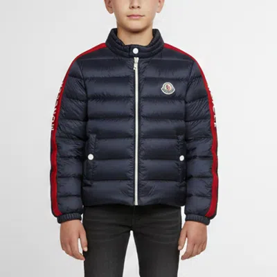 Pre-owned Moncler Kids Navy Blue Logo Stripe Detail Nylon Puffer Jacket 3yrs