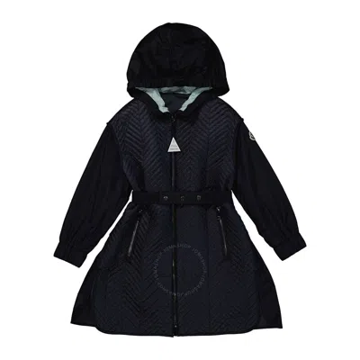 Moncler Kids Navy Seldana Belted Hooded Coat In Blue
