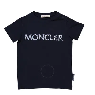 Moncler Kids Navy Short Sleeve Logo Print Cotton T-shirt In Blue