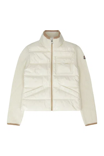 Moncler Kids Padded Wool Blend Zip-up Cardigan In White