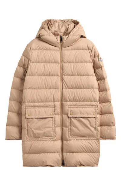 Moncler Kids' Pasenza Belted Hooded Down Coat In Neutral