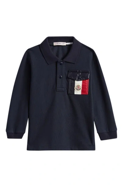 Moncler Kids' Patch Pocket Long Sleeve Stretch Cotton Polo In Blue